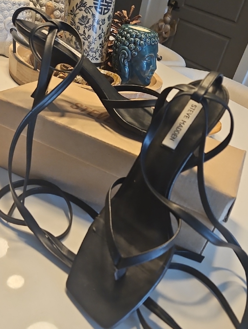 Steve Madden Black Wrap-Strap Square Toe Heels
